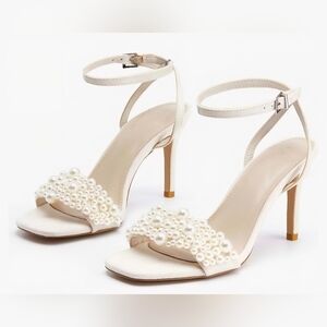 Coutgo Elegant Pearl-Embellished Nude Heels #654